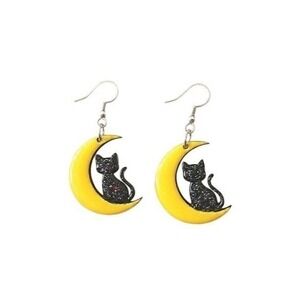 Handmade Black Cat Crescent Moon Resin Earrings Witchy Halloween Celestial OOAK